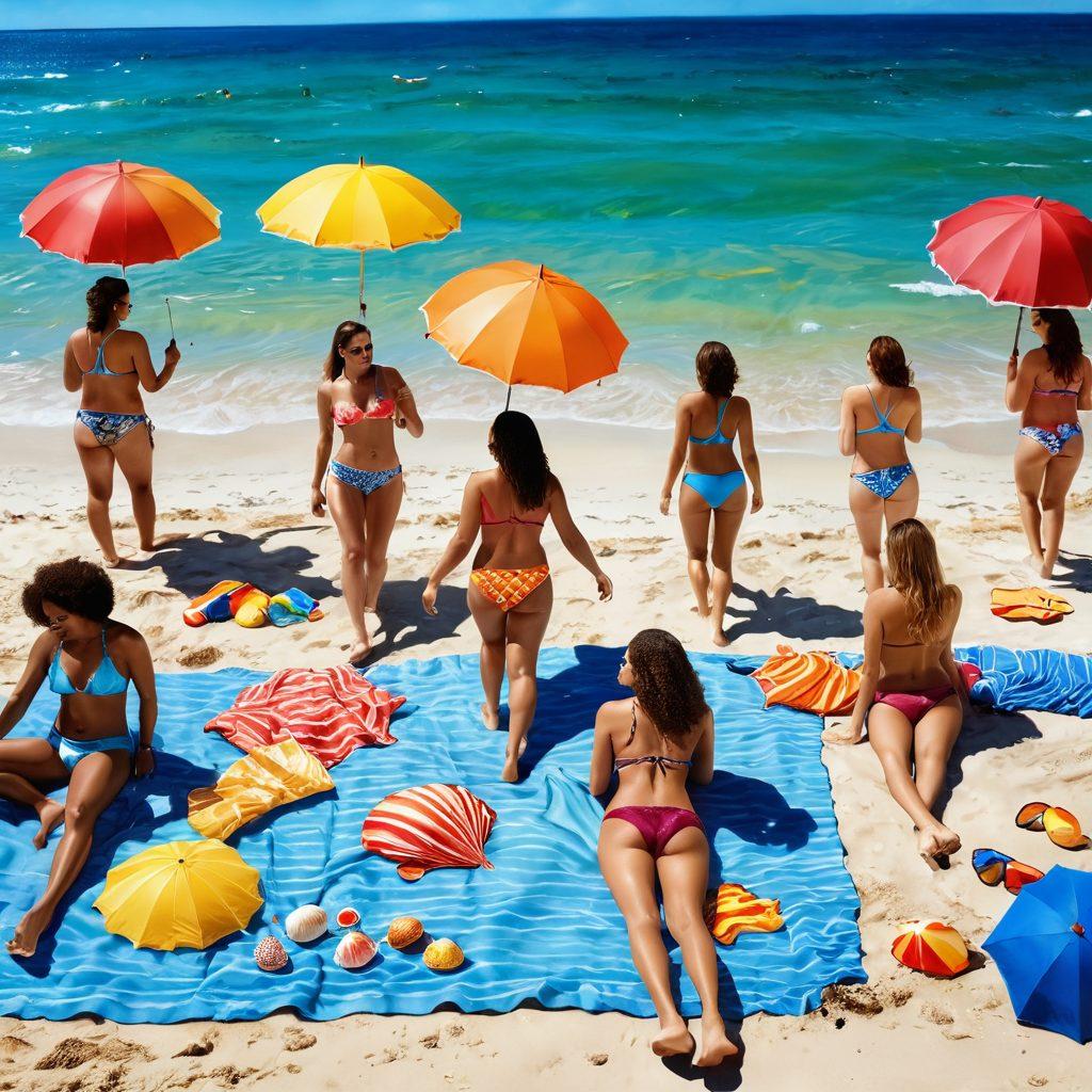 A sun-drenched beach scene showcasing a diverse group of stylish individuals in trendy beach attire and swimwear, with colorful umbrellas and beach towels in the background. Include vibrant seashells scattered in the sand, and a shimmering ocean reflecting the bright blue sky. Capture the essence of summer with warm lighting and a carefree atmosphere. super-realistic. vibrant colors. sunny ambiance.